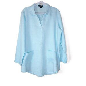 August Silk Aquamarine Blue 100% Linen Tunic Top Large Lagenlook Minimalist